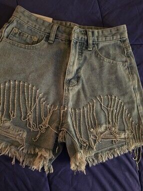 Light Blue Denim Jean Shorts with Sworaski Crystal Embellishment